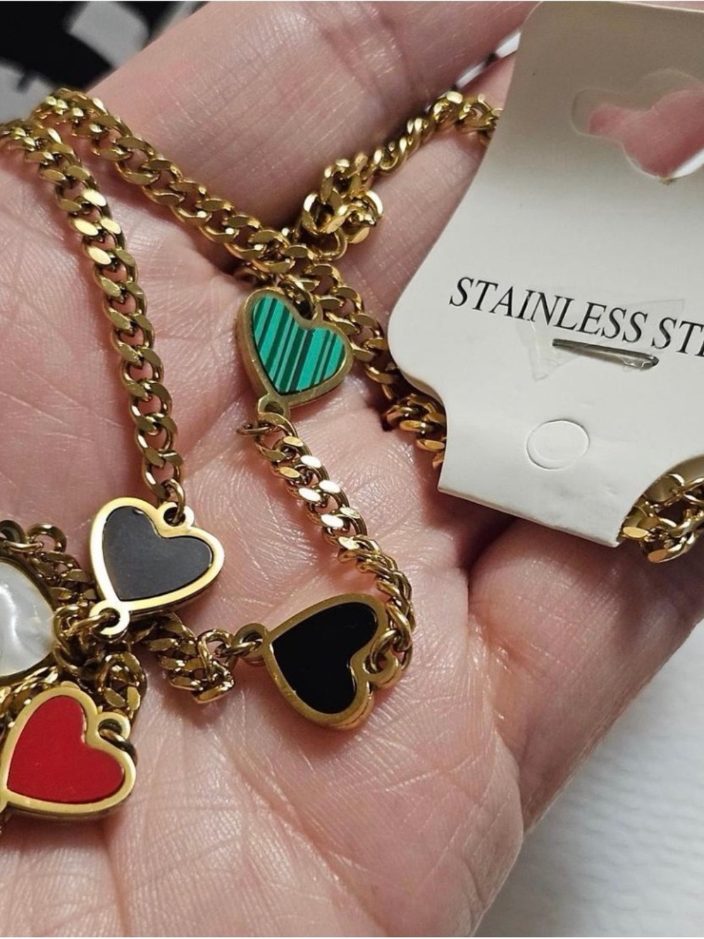 Gold-Tone Heart Charm Necklace with Multicolor Enamel Hearts